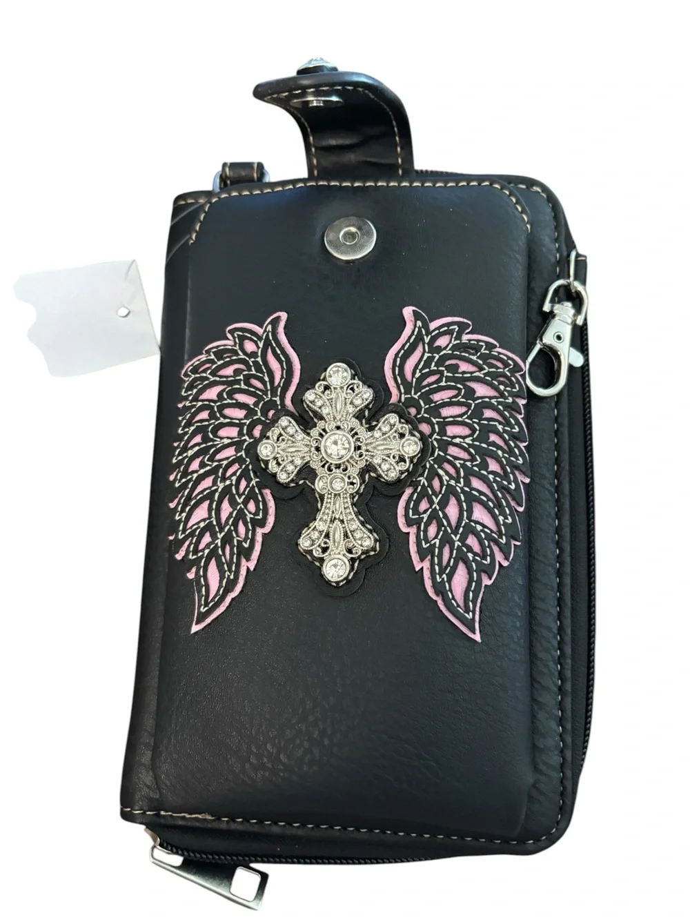Black Vegan Leather Crossbody Phone Pouch Winged Crystal Cross Accent Wristband